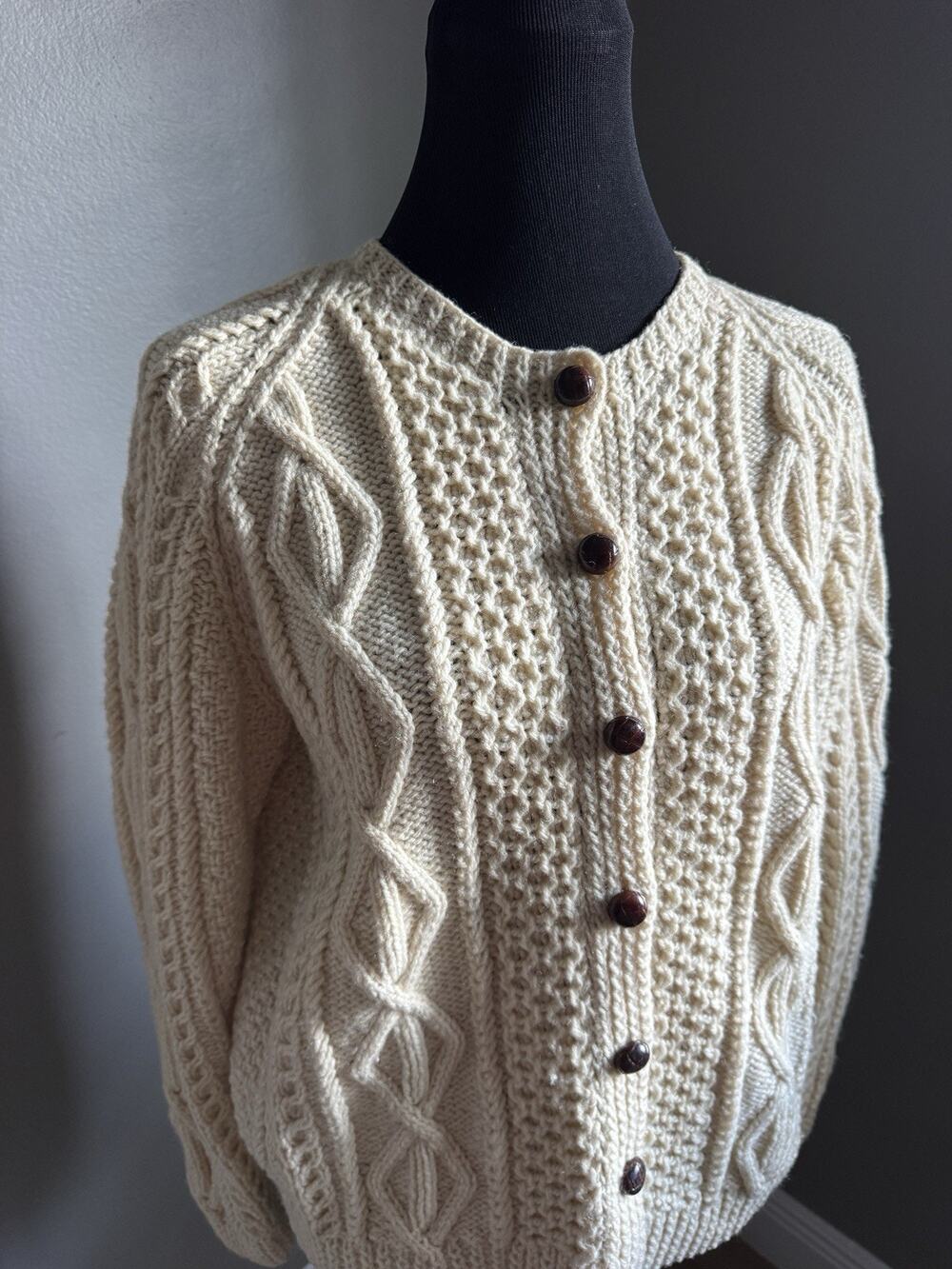 VTG Hand Knit Irish Aran Fisherman Cardigan Sweater Wool Cable Boxy Med Hole